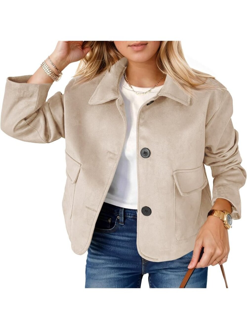 Women's Beige Faux Suede Cropped Jacket Button Down Vintage Casual Shacket